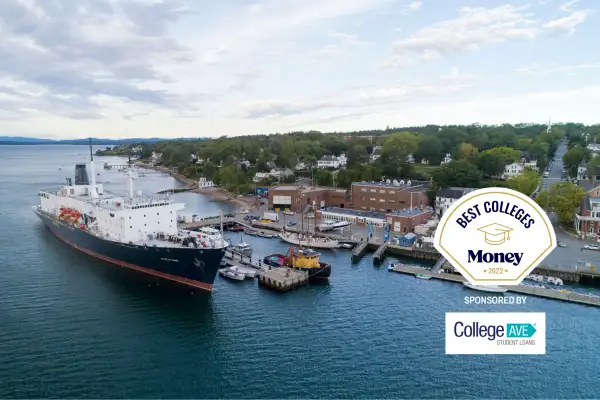 Aerial view of a large ship at The Maine Maritime Academy