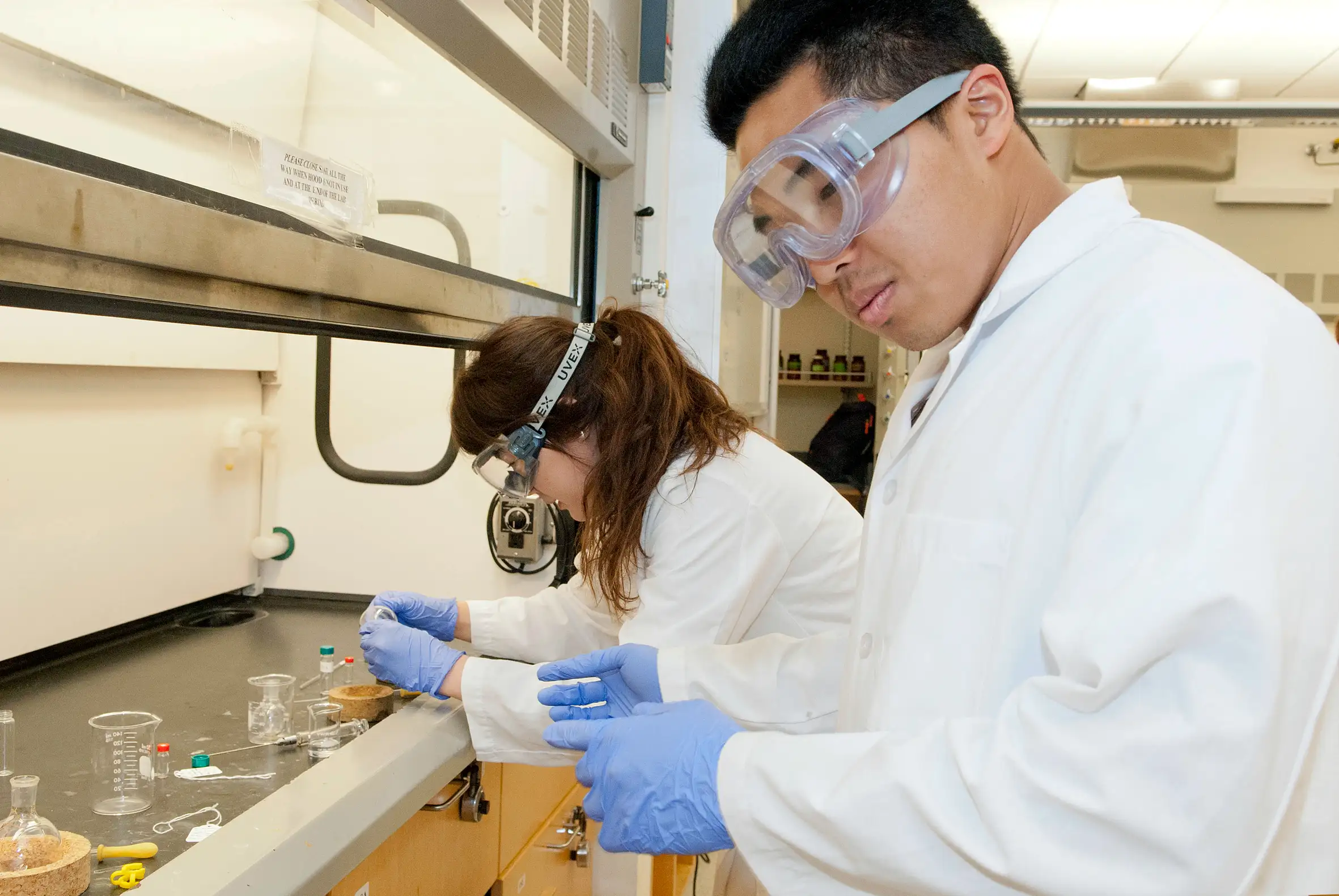 Students at a chemical laboratory at the California State University-Long Beach