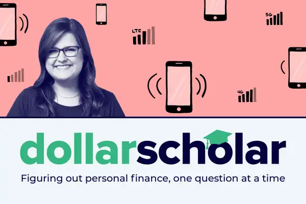 Dollar Scholar Banner with smartphones and 4G, 5G and LTE service bars