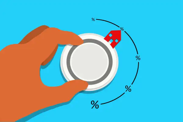 Illustration of a hand turning a know to increase the ARM percentage rate, where the arrow is in a shape of a house