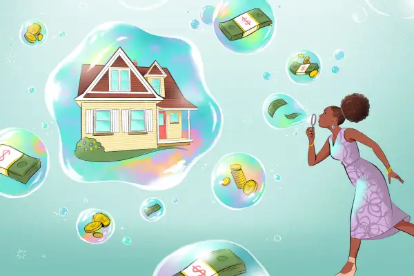 Illustration of a woman blowing bubbles that contain dollar bills, coins and a home