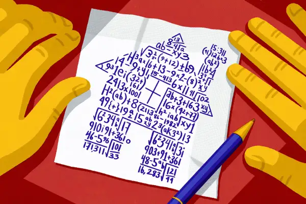 Illustration of pair of hands making calculations on a napkin. The numbers and formulas are in the shape of a house