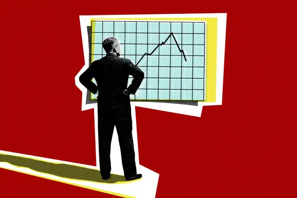 Vintage photo-illustration of a a man looking at a negative stock market chart