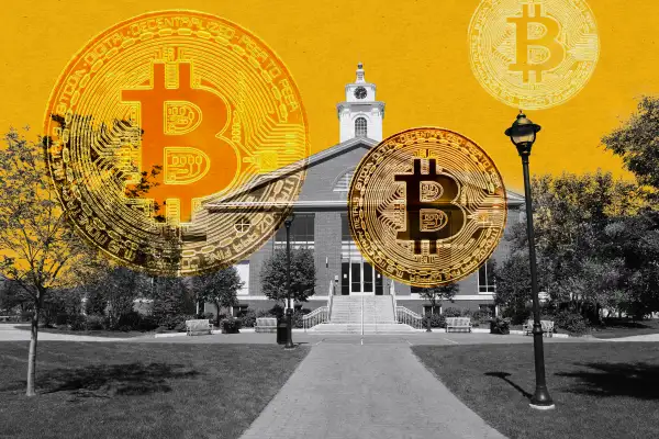 Photo illustration-collage of Bentley University MA campus with bitcoins superimposed on top