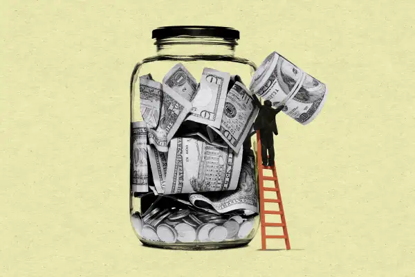 Photo Illustration of a giant money jar and a man lifting up a roll of money to put it inside the jar