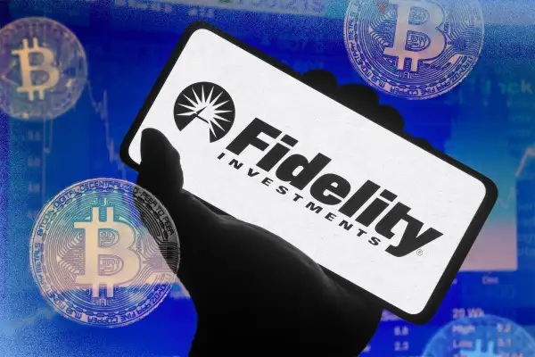 Photo collage illustration of hand holding cel phone with Fidelity Investment and many Bitcoins on top