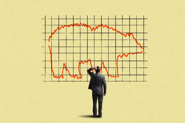 Illustration of a businessman staring worried at a stock market graph that forms the shape of a bear