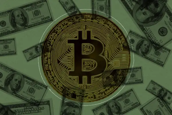 Illustration of a bitcoin surrounded by many dollar bills