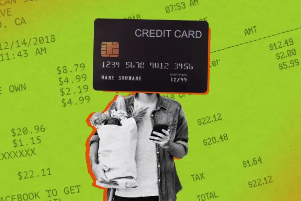 Photo collage illustration of a person shopping for groceries with a giant credit card for a head
