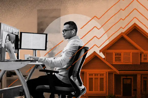 Photo collage illustration of a man working from his home and a house illustration on the backgrounds with lines indicating the rising prices