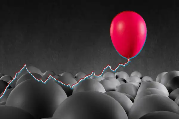 Photo illustration of a helium balloon rising with a string made out of a stock graph