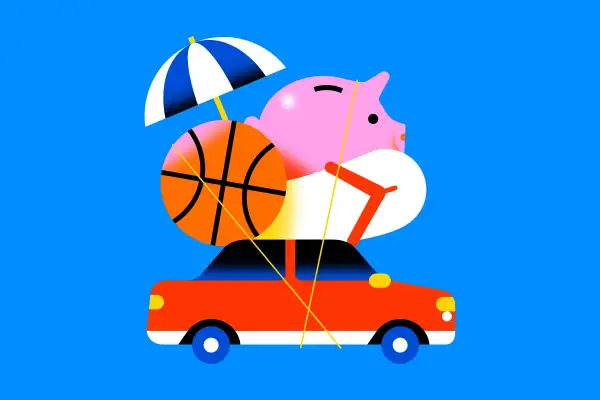 Illustration of a car with a gigant basketball, sandal, beach umbrella and piggy bank on the roof rack