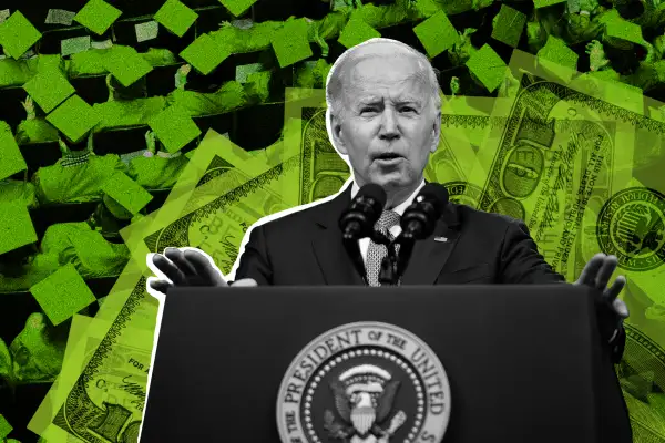 Collage of Joe Biden on a podium with fading hundred dollar bills and students during a graduation ceremony