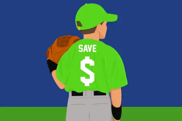 Illustration of a young baseball player with the last name  Save  on his jersey and a  $  sign