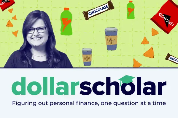 Dollar Scholar Banner with chips, coffee, chocolate and energy drinks in the background