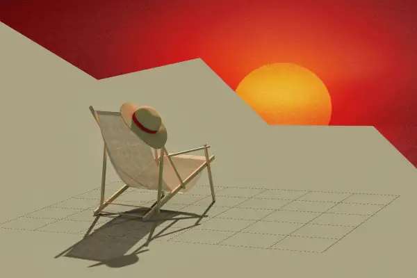 Collage of a beach chair in front of a sunset cut into a negative stock chart