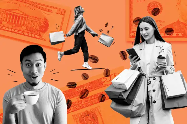 Photo collage of money and coffee beans with a man drinking coffee, A woman drinking coffee with multiple shopping bags and a third person walking with shopping bags