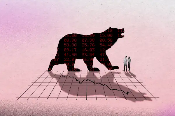 Illustration of a stock market graph and a bear silhouette with stock numbers on it, while two young investors look at it.