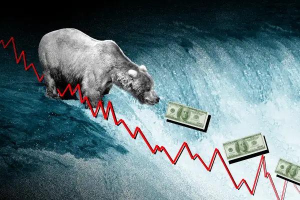 Photo illustration collage of a bear upstream waiting to catch some dollar bills out of the water as a stock market graph is superimposed on top.