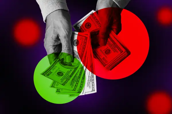 Photo illustration of an investor choosing where to put his money, either in the green or in the red.