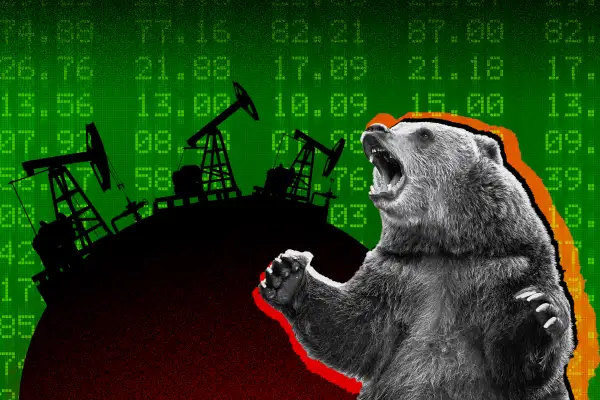 Photocollage of a bear and some oil pumps backed by a stock market ticker background
