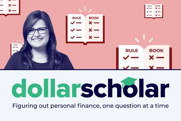 Dollar Scholar Banner with a Rule Book illustration with check and X marks