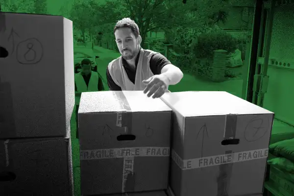 A man working for a moving company lifting boxes from a truck