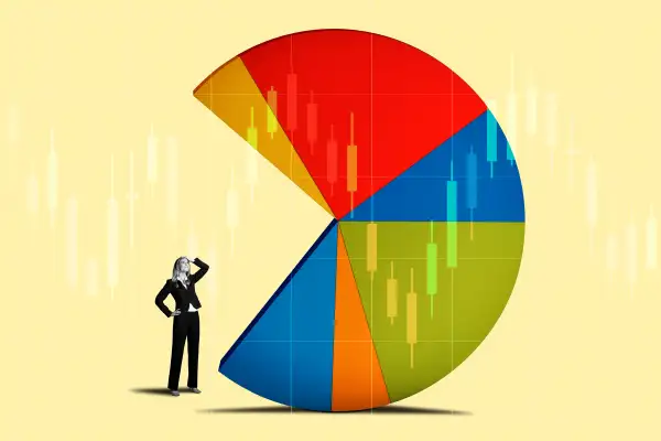 Photo Collage of a woman looking at a a big investing pie chart