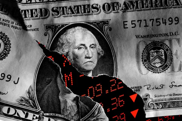Photo Collage of a broken One Dollar Bill with a sad George Washington and a negative stock market chart in the background