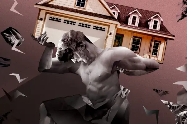 Photo Collage of a god like statue holding up a house
