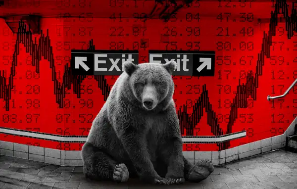 Photo collage of a bear in a New York Subway sitting in-front of an Exit sign with a stock market chart in the background