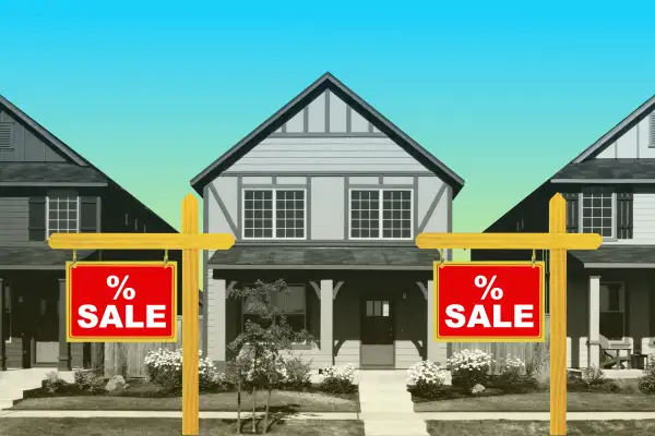 Photo collage of a row of homes with a Sale Sign In-front