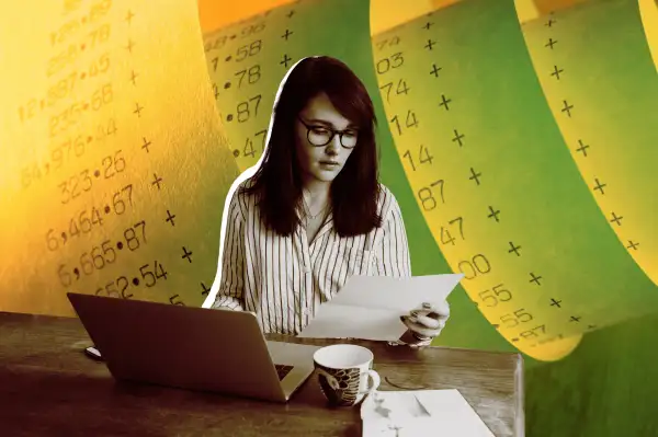 Photo collage of a woman looking over bills and a large receipt in the background