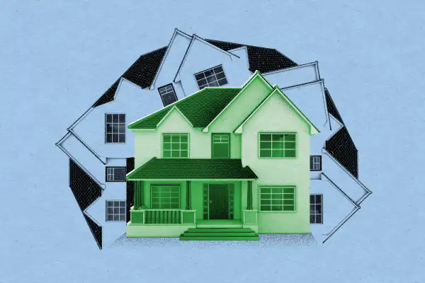 Photo illustration of a house correcting itself in many positions