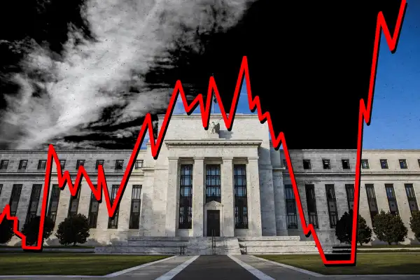 Federal Reserve building photo with a climbing graph superimposed that shows a difference between a low interest rate and a high interest rate