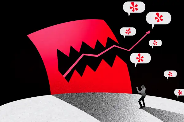 Illustration symbolizing an inflation monster spewing Yelp reviews, approaching a small person
