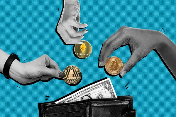 Photo Collage of three hands holding different cryptocurrency coins putting into a wallet, containing a one dollar bill