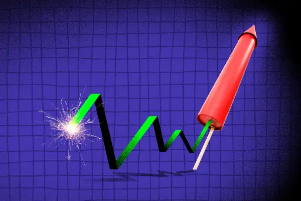 Illustration of a firework rocket with a fuse made up of a stock graph that's burning, about to blast off.