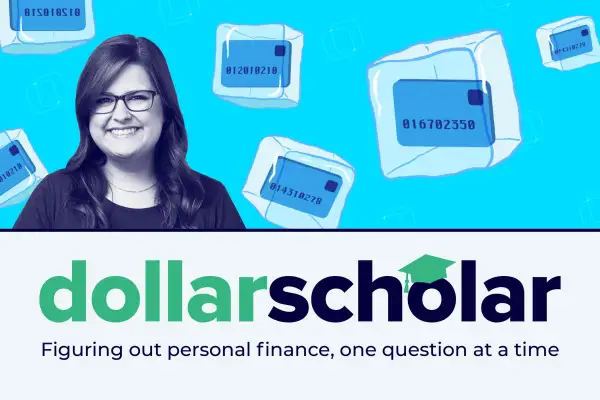 Dollar Scholar banner featuring illustrations of credit cards frozen inside ice cubes