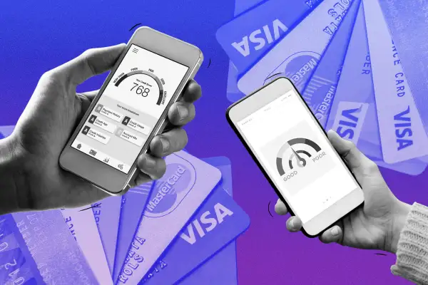 Photo collage of two hands holding a smartphone with credit scores and credit cards in the background
