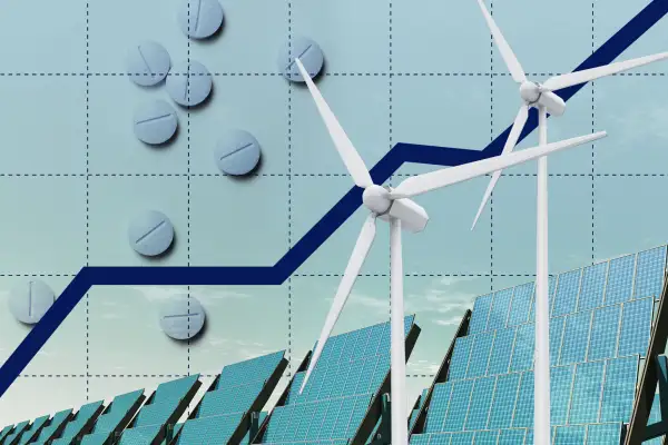 Photo collage of two windmills, solar panels and pills with an ascending stock market chart in the background