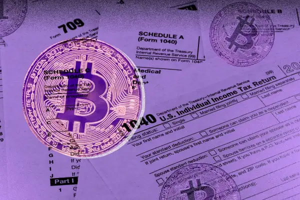 Photocollage of some IRS tax forms and crypto coins