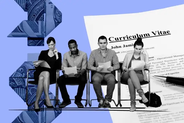 Photo Collage of four people sitting waiting for a job interview, with a resume and money in the background