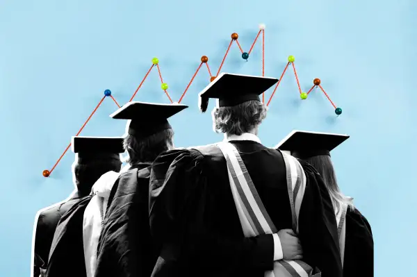 Photo Collage of graduate students and a stock market chart in the background