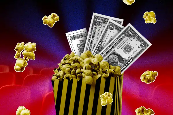 Photo collage illustration of a movie theater, popcorn and 3 dollar bills