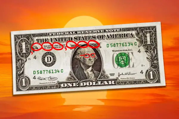 Photo Collage of a one dollar bill with six zeros drawn on top of it and a picture of a sunset in the background