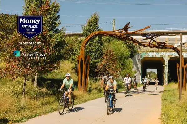 A group of people biking in Atlanta BeltLine Westside Trail.