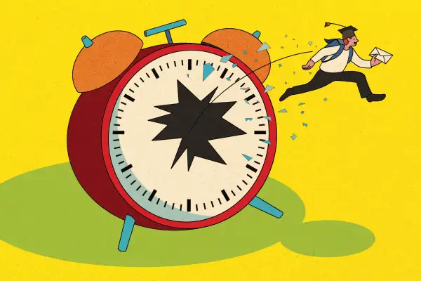 A student is bursting out of a clock with an application in hand