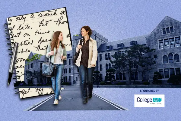 Photo Collage of two students walking on a College Campus and a note book with writing on it in the background