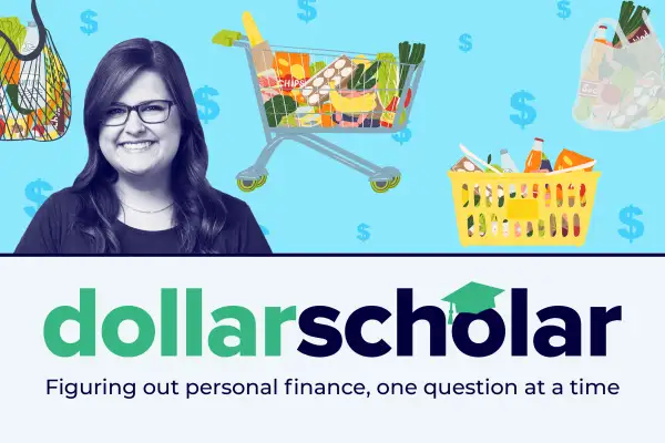 Dollar Scholar banner featuring shopping cart, a basket and bags of groceries